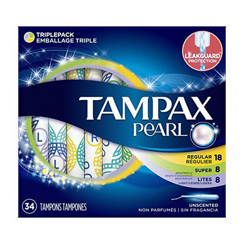 Tampax Pearl Plastic Tampons Triplepack (Light/Regular/Super), Unscented, 34 Ea